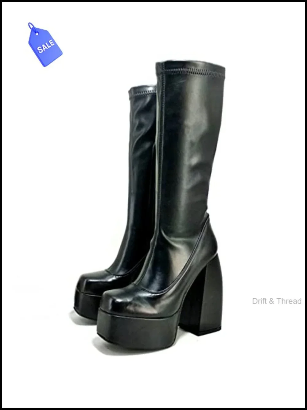 Women's Chunky High Heel Square Toe Side Zipper PU Leather Stretch Platform